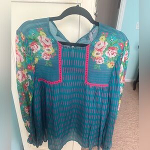 Anthropologie Blue Long Sleeve Graphic Blouse